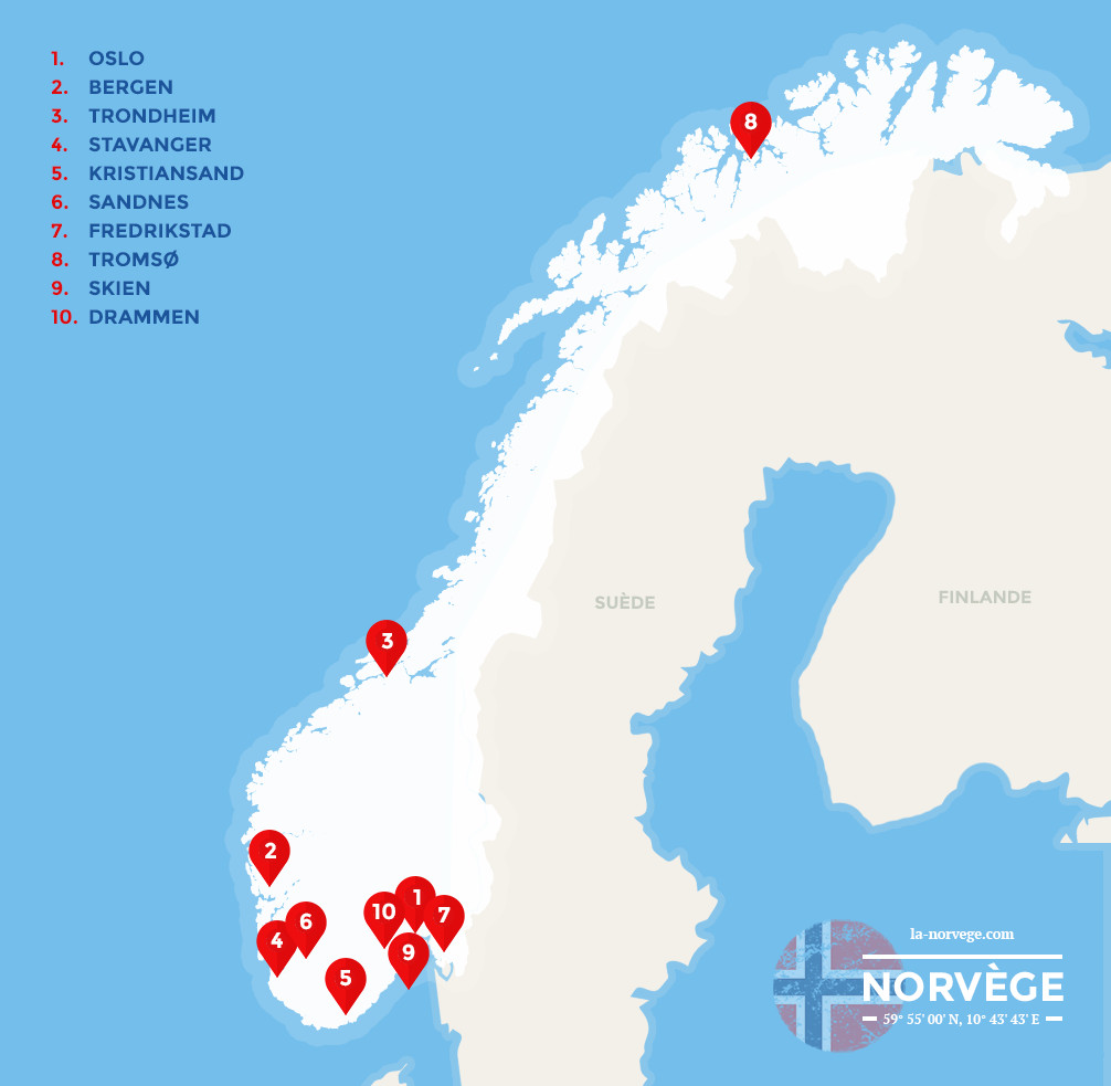 Carte des Grandes villes de Norvège